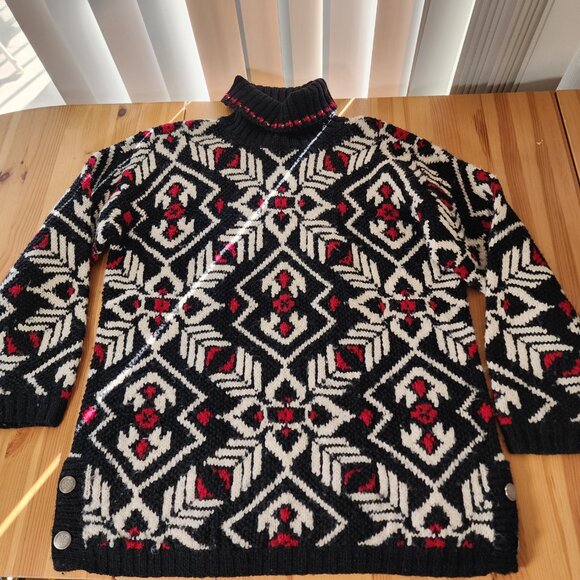 Vintage Jones New York Red Black White Wool Thick Turtleneck Oversized Sweater M - Picture 10 of 14